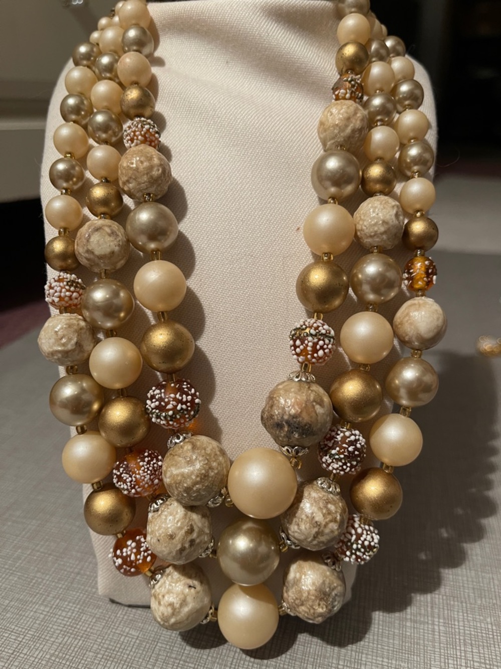 Vintage 3-strand Japan Faux Pearl with leaf hardware - shortest strand 17” - 20”